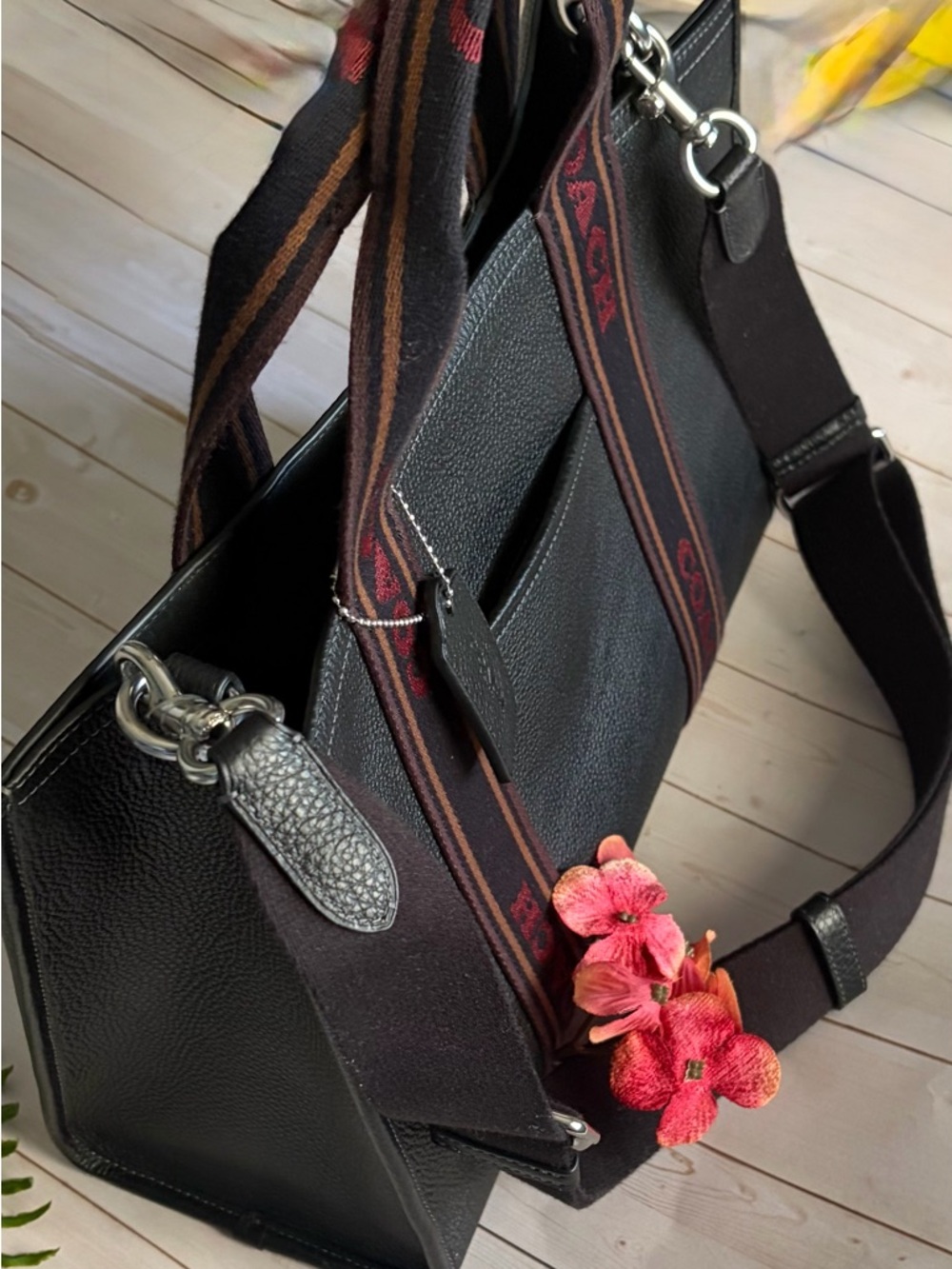 Coach Black Leather Tote with Brown and Red Logo Web Straps - Picture 3 of 10